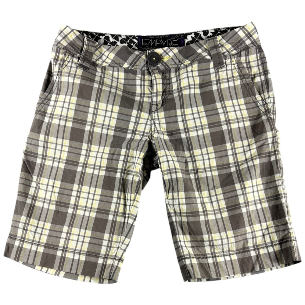 Empyre Chino Skater Shorts Womens 5 Grey Yellow Plaid Flat Front Cotton Stretch